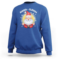 Royal blue crewneck sweatshirt with Santa graphic and 'NAMA-SLEIGH' print