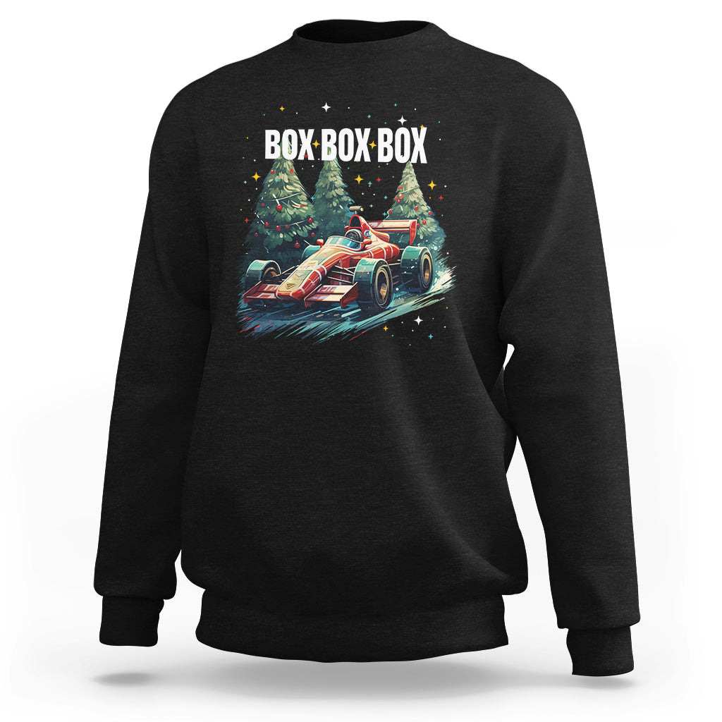 Black crewneck sweatshirt with Christmas race-car graphic and “BOX BOX BOX” text
