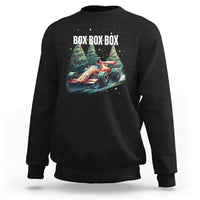 Black crewneck sweatshirt with Christmas race-car graphic and “BOX BOX BOX” text