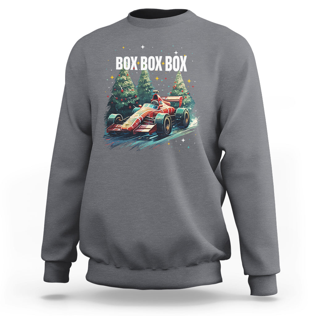Charcoal crewneck sweatshirt with Christmas race-car graphic and “BOX BOX BOX” text