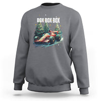 Charcoal crewneck sweatshirt with Christmas race-car graphic and “BOX BOX BOX” text