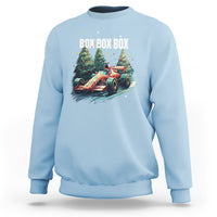Light blue crewneck sweatshirt with Christmas race-car graphic and “BOX BOX BOX” text
