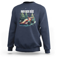 Navy crewneck sweatshirt with Christmas race-car graphic and “BOX BOX BOX” text