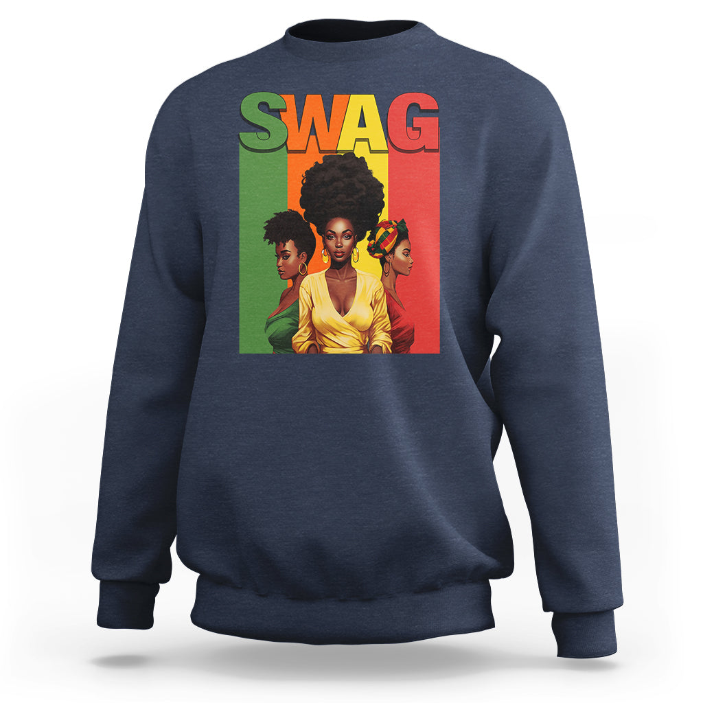 Blue crewneck sweatshirt with multicolor “SWAG” graphic and portrait artwork