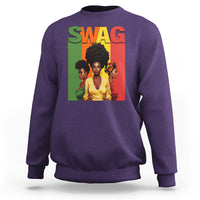 Purple crewneck sweatshirt with multicolor “SWAG” graphic and portrait artwork