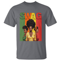 Charcoal gray crewneck T-shirt with 'SWAG' and three-woman portrait graphic print on front.