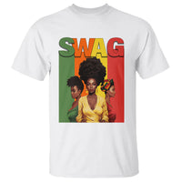 White crewneck T-shirt with 'SWAG' and three-woman portrait graphic print on front.