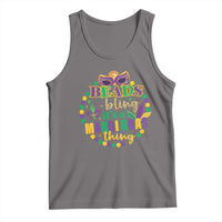 Gray sleeveless tank top with colorful Mardi Gras beads and bling graphic