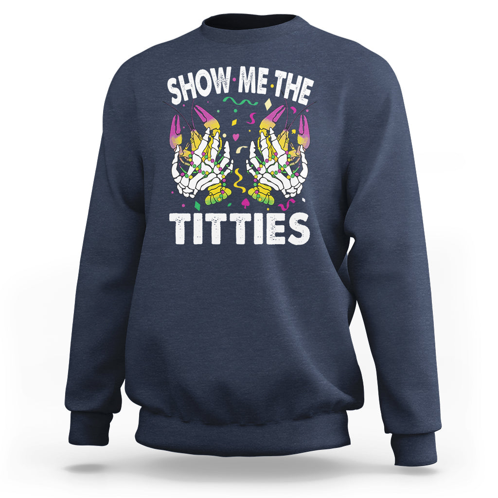 Navy crewneck sweatshirt with colorful skeleton graphic and “TITTIES” front text