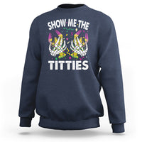 Navy crewneck sweatshirt with colorful skeleton graphic and “TITTIES” front text