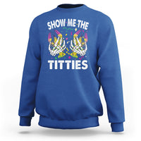 Royal blue crewneck sweatshirt with colorful skeleton graphic and “TITTIES” front text