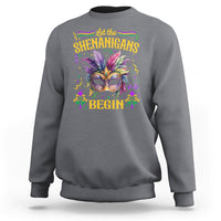 Charcoal Mardi Gras sweatshirt with masquerade mask graphic and 'Shenanigans Begin'.