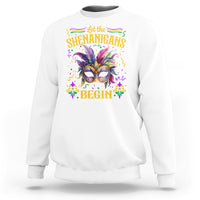 White Mardi Gras sweatshirt with masquerade mask graphic and 'Shenanigans Begin'.
