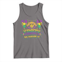 Dark gray tank top with colorful Mardi Gras crown graphic and 'We Parade It' text