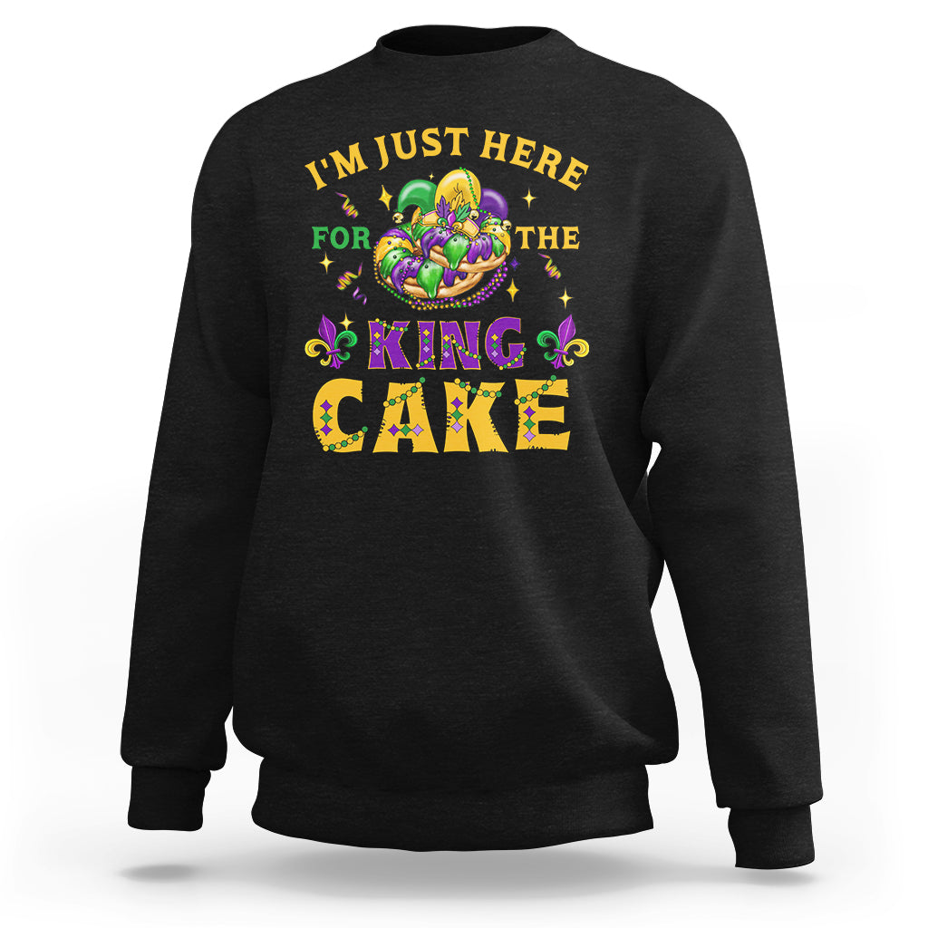 Black sweatshirt with “I’m Just Here For The King Cake” Mardi Gras graphic on chest
