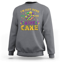 Charcoal gray sweatshirt with “I’m Just Here For The King Cake” Mardi Gras graphic