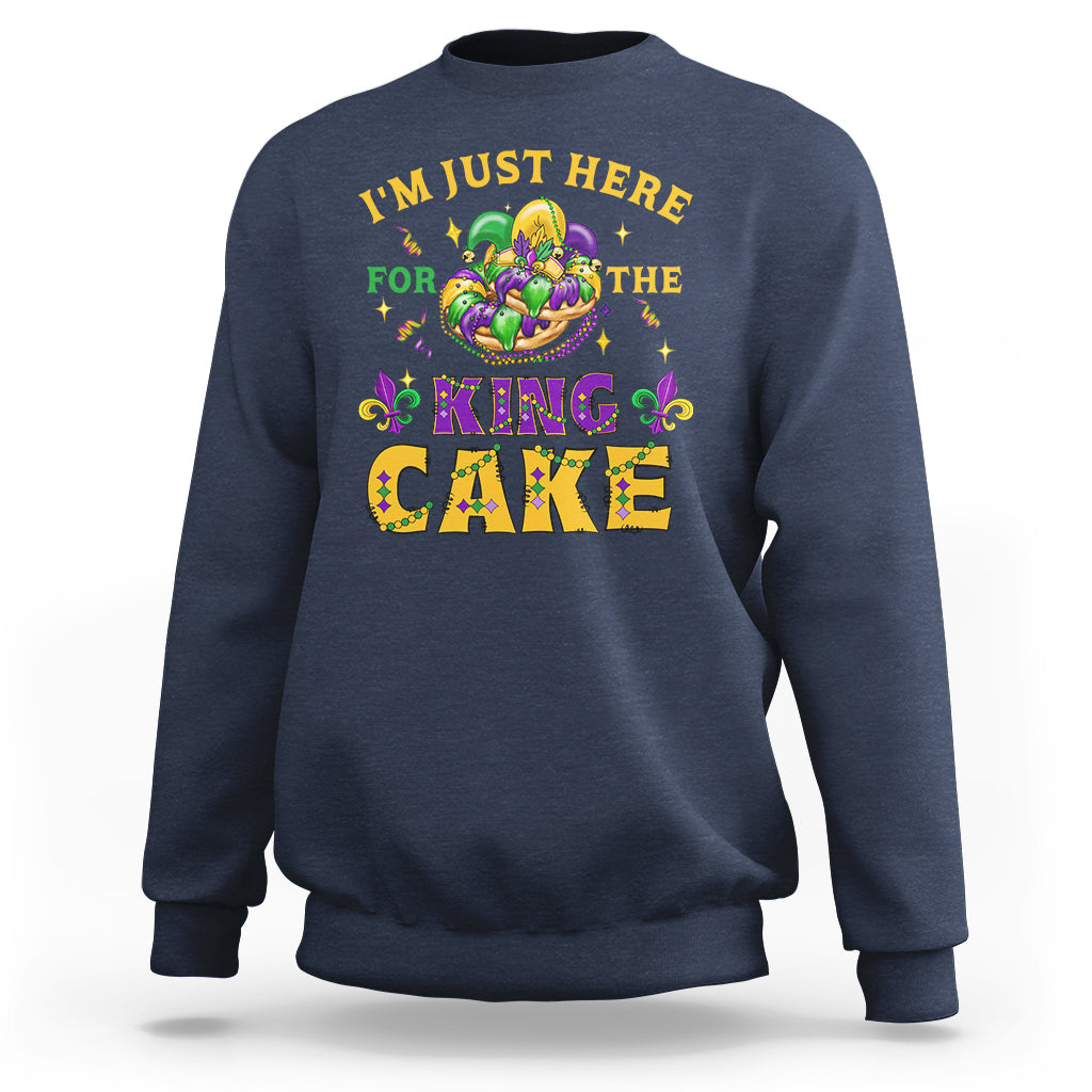Navy sweatshirt with “I’m Just Here For The King Cake” Mardi Gras graphic on chest