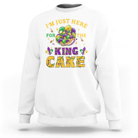 White sweatshirt with “I’m Just Here For The King Cake” Mardi Gras graphic on chest