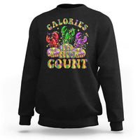 Black Mardi Gras sweatshirt with colorful 'Calories don't count' graphic on chest.