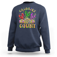 Navy Mardi Gras sweatshirt with colorful 'Calories don't count' graphic on chest.