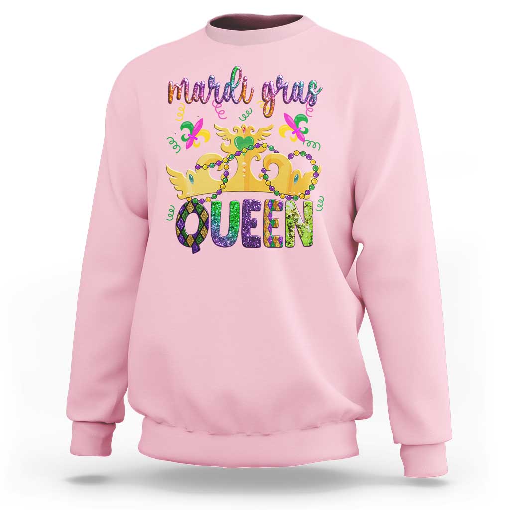Light pink crewneck sweatshirt with colorful Mardi Gras Queen graphic