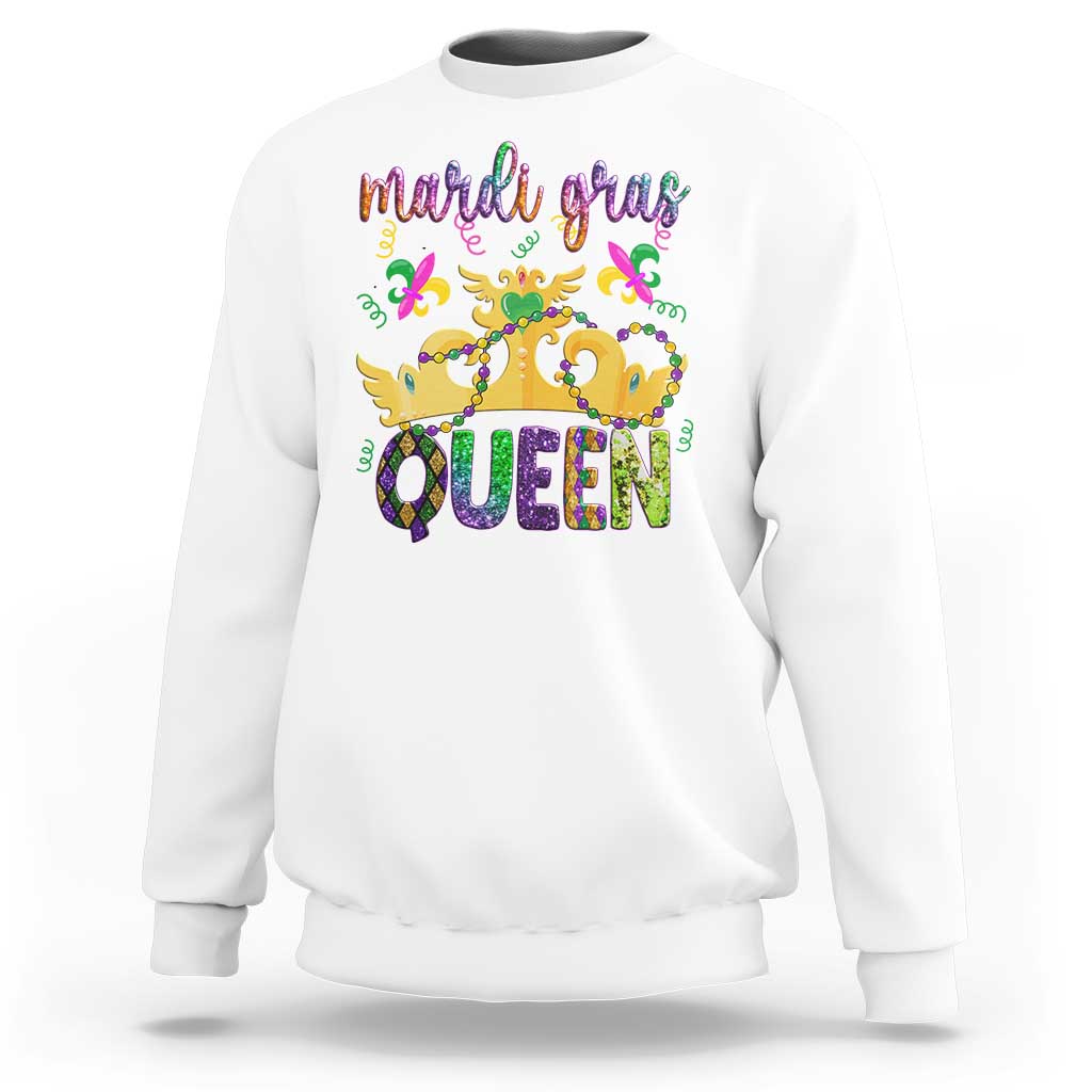 White crewneck sweatshirt with colorful Mardi Gras Queen graphic