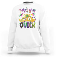 White crewneck sweatshirt with colorful Mardi Gras Queen graphic