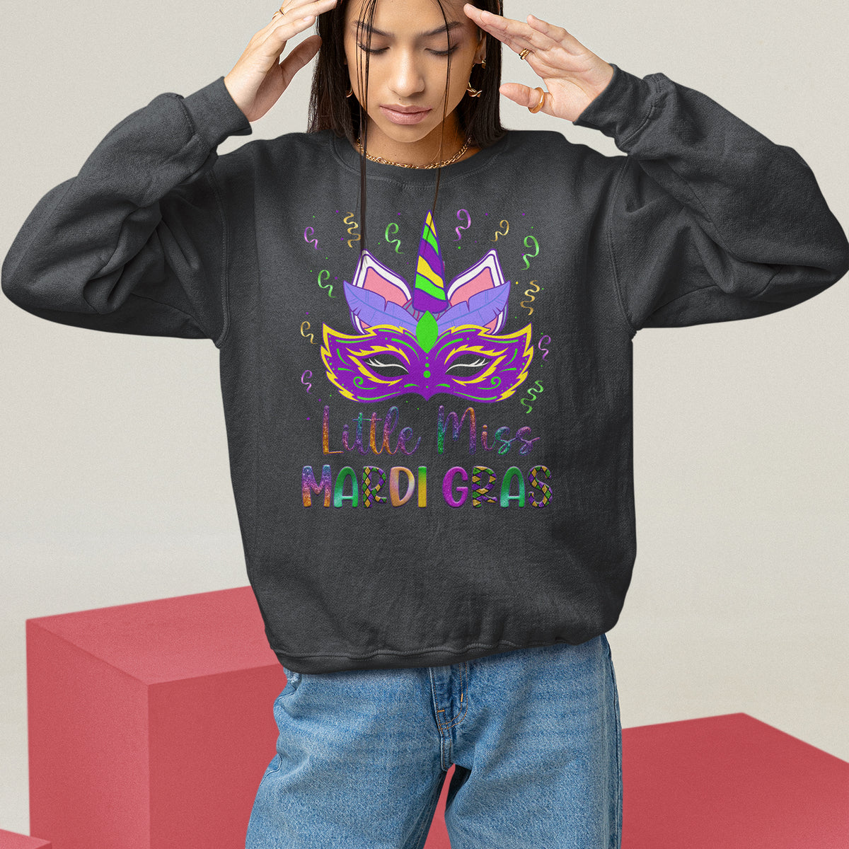 Women's dark gray crewneck sweatshirt with rainbow unicorn and Mardi Gras print