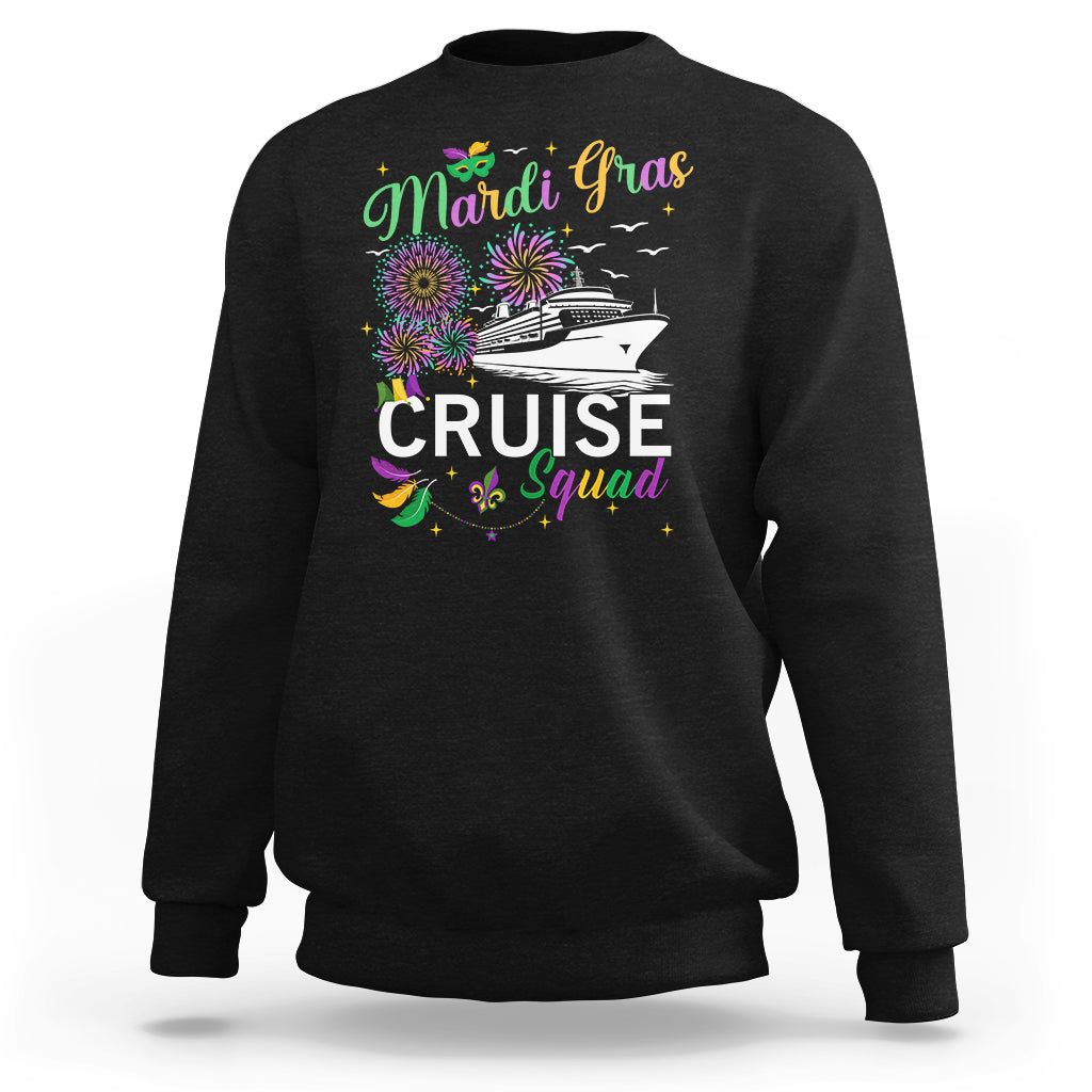 Black sweatshirt with “Mardi Gras Cruise Squad” graphic in colorful text and icons
