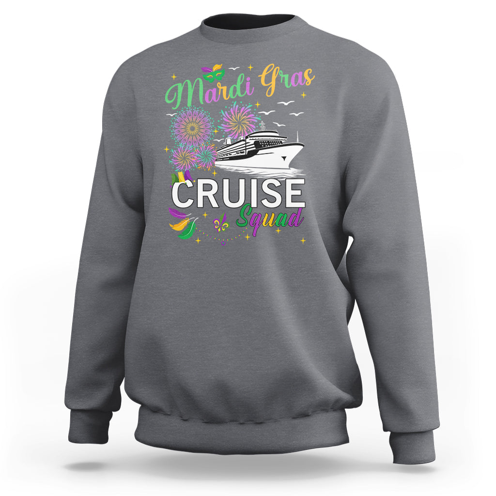 Charcoal gray sweatshirt with “Mardi Gras Cruise Squad” graphic in colorful festival design