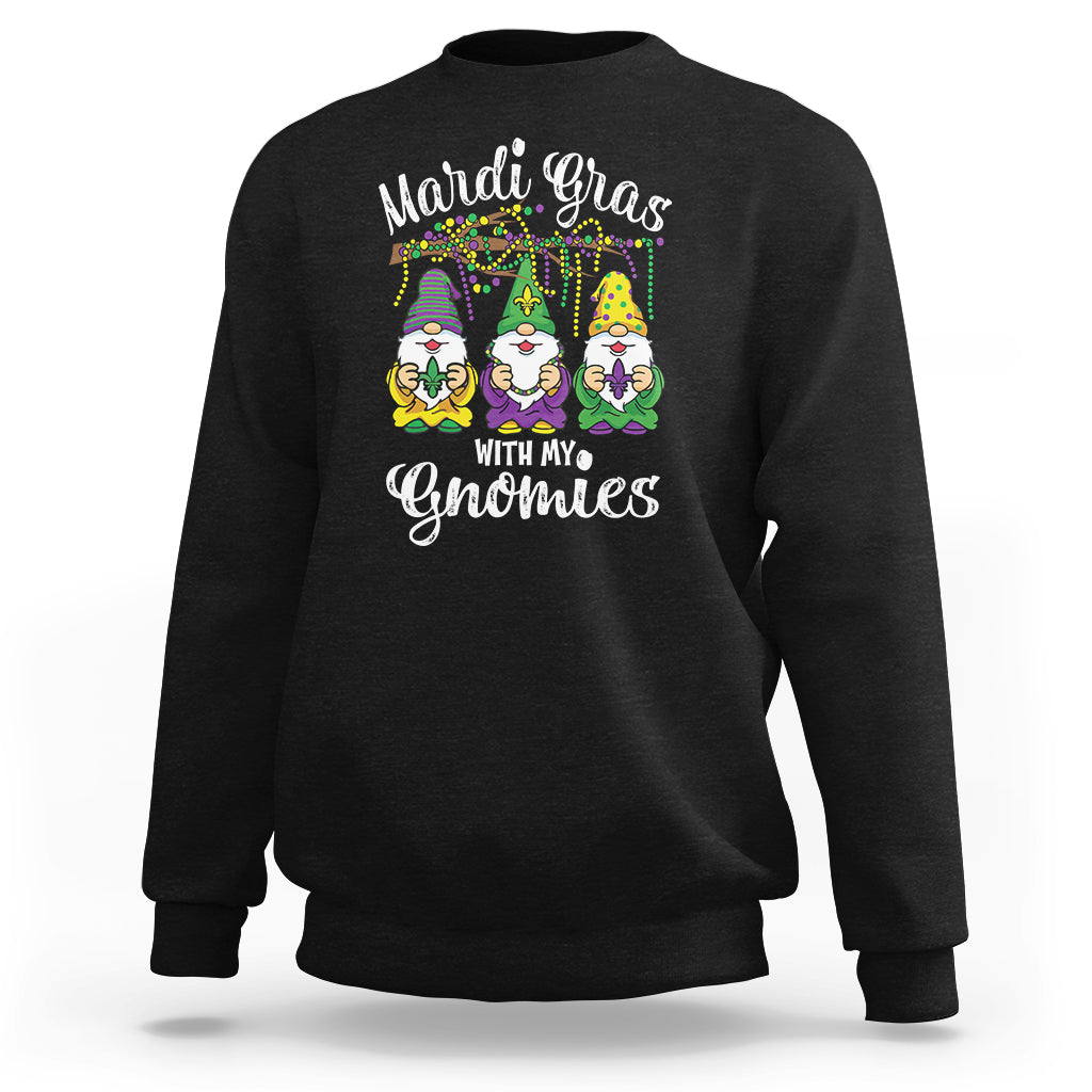 Black crewneck sweatshirt with Mardi Gras gnomes graphic and text