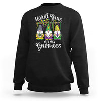 Black crewneck sweatshirt with Mardi Gras gnomes graphic and text