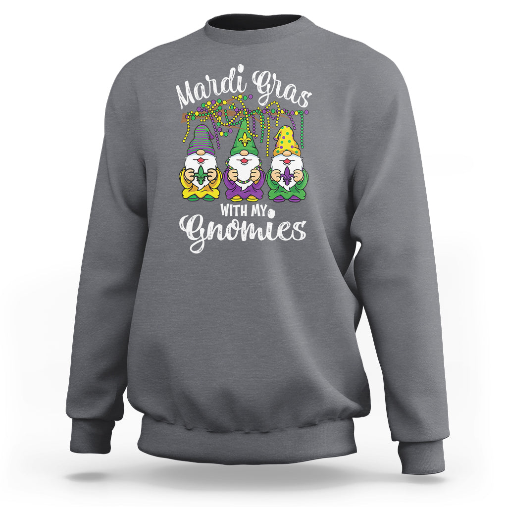 Charcoal gray crewneck sweatshirt with Mardi Gras gnomes graphic and text