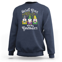 Navy crewneck sweatshirt with Mardi Gras gnomes graphic and text