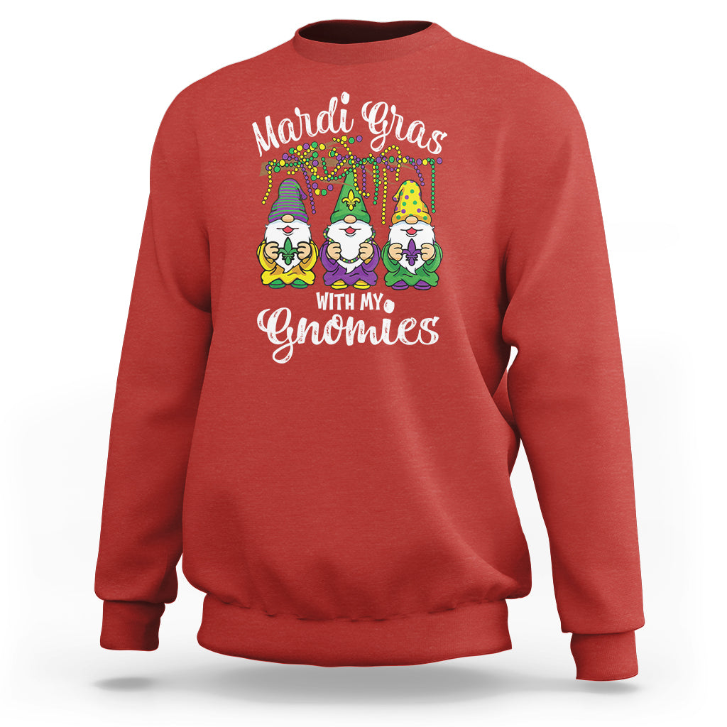 Red crewneck sweatshirt with Mardi Gras gnomes graphic and text