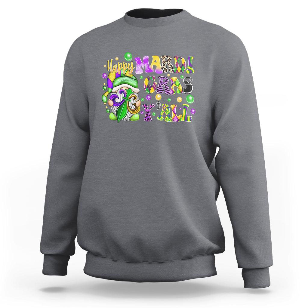 Charcoal Mardi Gras graphic sweatshirt with colorful gnome and bold lettering