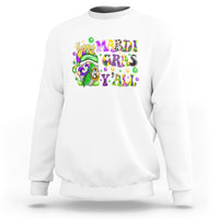 White Mardi Gras graphic sweatshirt with colorful gnome and festive text print