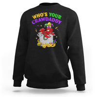 Black crewneck sweatshirt with colorful crawfish jester graphic and slogan