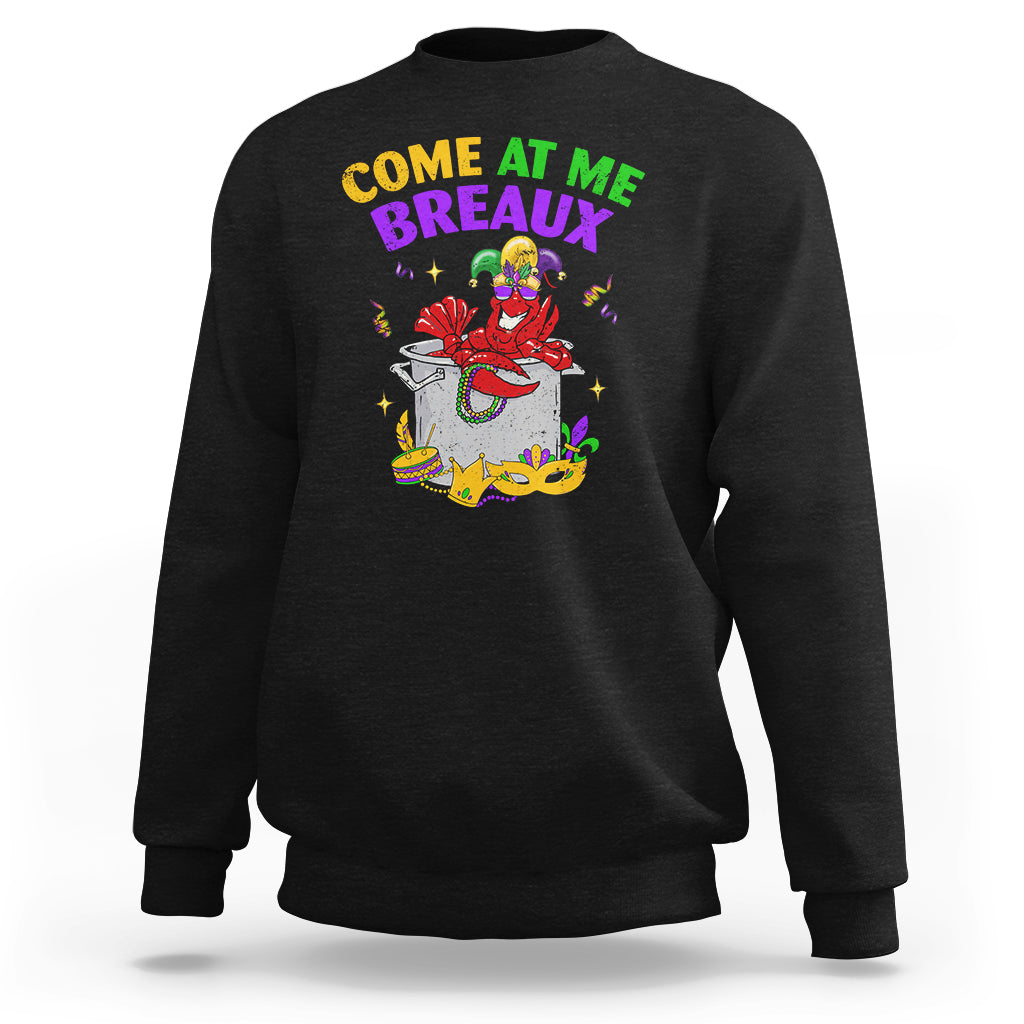 Black crewneck sweatshirt with colorful Mardi Gras crawfish graphic on chest