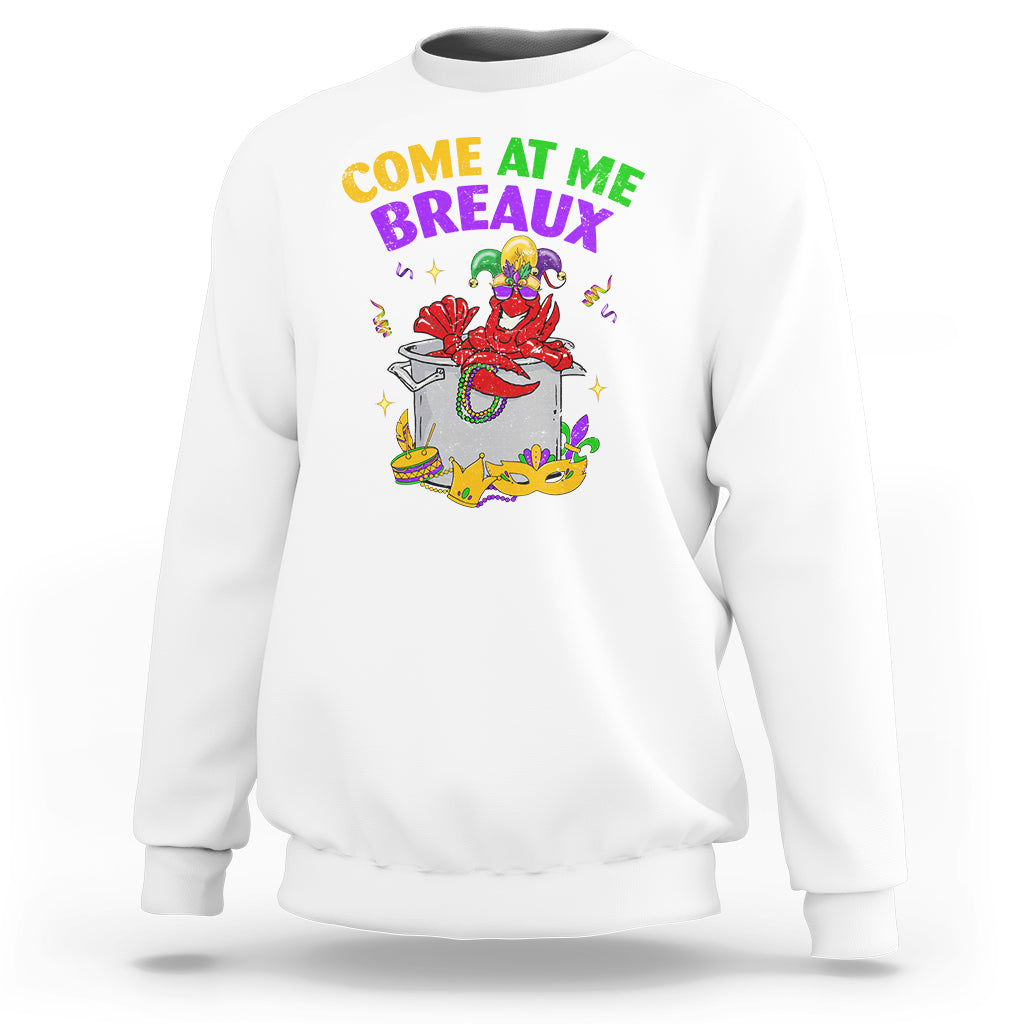 White crewneck sweatshirt with colorful Mardi Gras crawfish graphic on chest