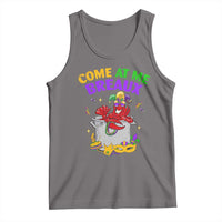 Heather gray graphic tank top with colorful 'Come at me Breaux' crawfish print