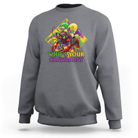 Gray sweatshirt with colorful crawfish jester graphic and “Who’s Your Crawdaddy” text