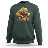Dark forest green sweatshirt with colorful crawfish jester graphic and “Who’s Your Crawdaddy” text