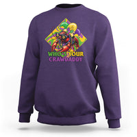 Purple sweatshirt with colorful crawfish jester graphic and “Who’s Your Crawdaddy” text