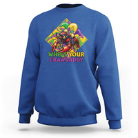 Royal blue sweatshirt with colorful crawfish jester graphic and “Who’s Your Crawdaddy” text