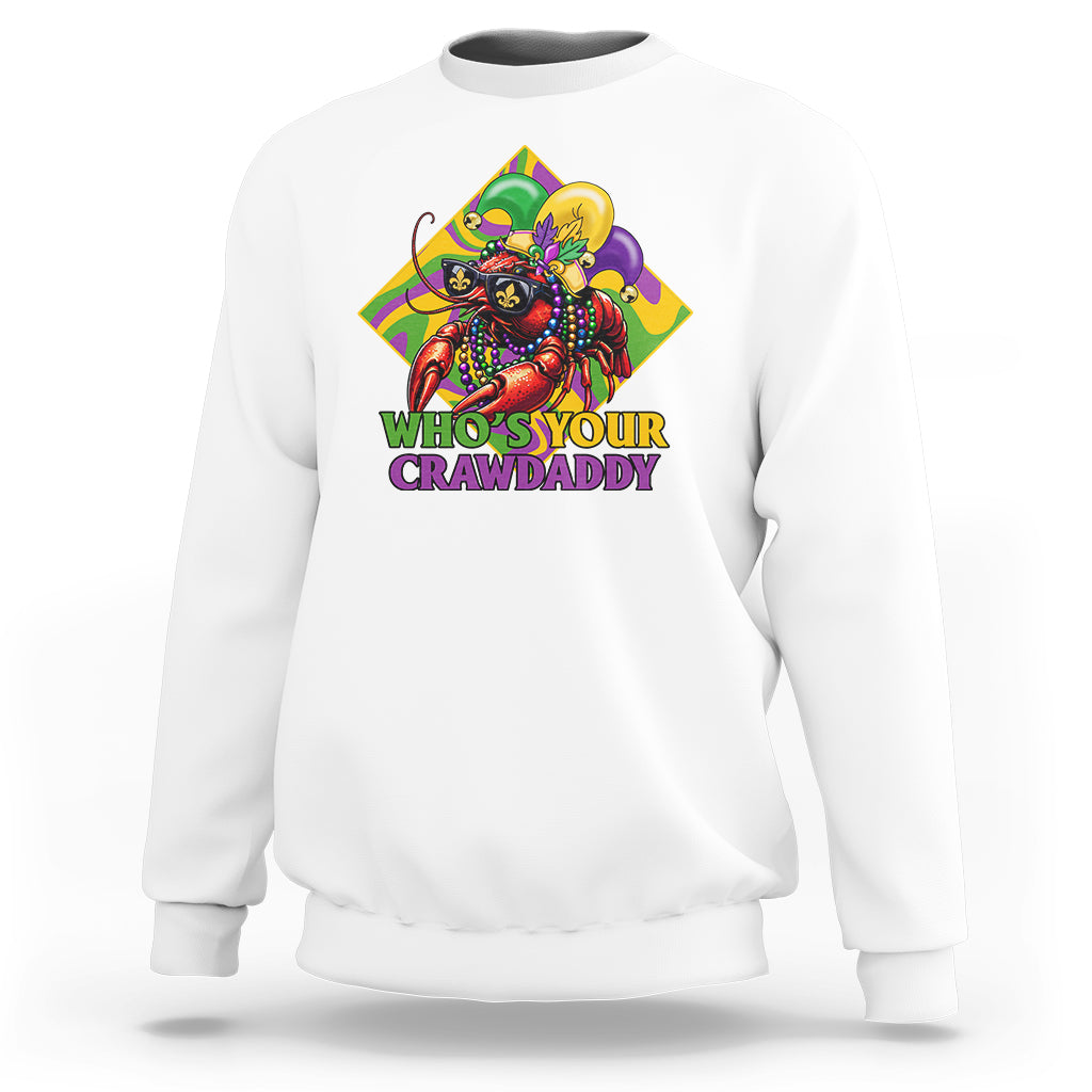 White sweatshirt with colorful crawfish jester graphic and “Who’s Your Crawdaddy” text