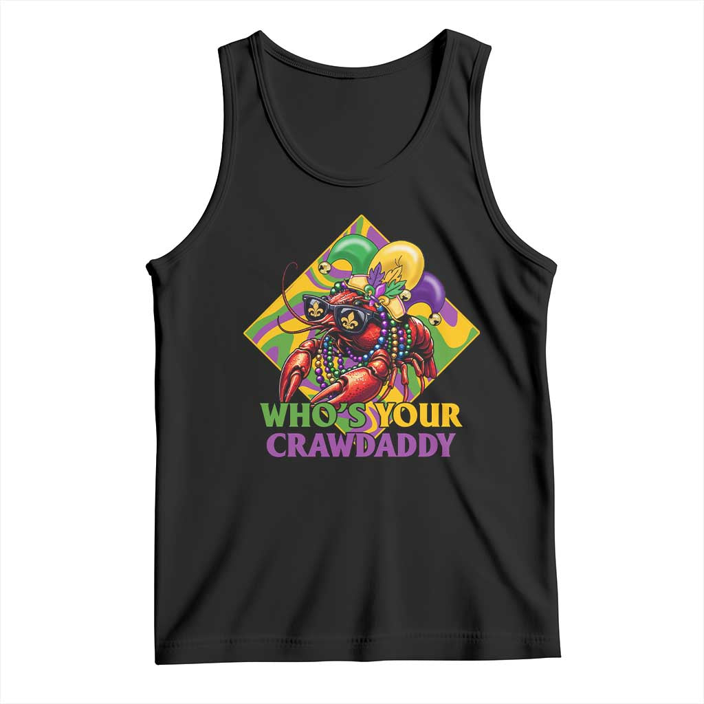 Black sleeveless tank top with colorful jester crawfish graphic and “Who’s Your Crawdaddy”