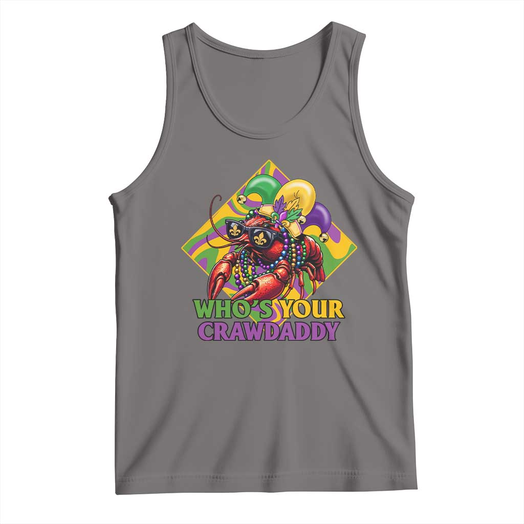 Gray tank top with colorful crawfish jester graphic and 'WHO'S YOUR CRAWDADDY' text