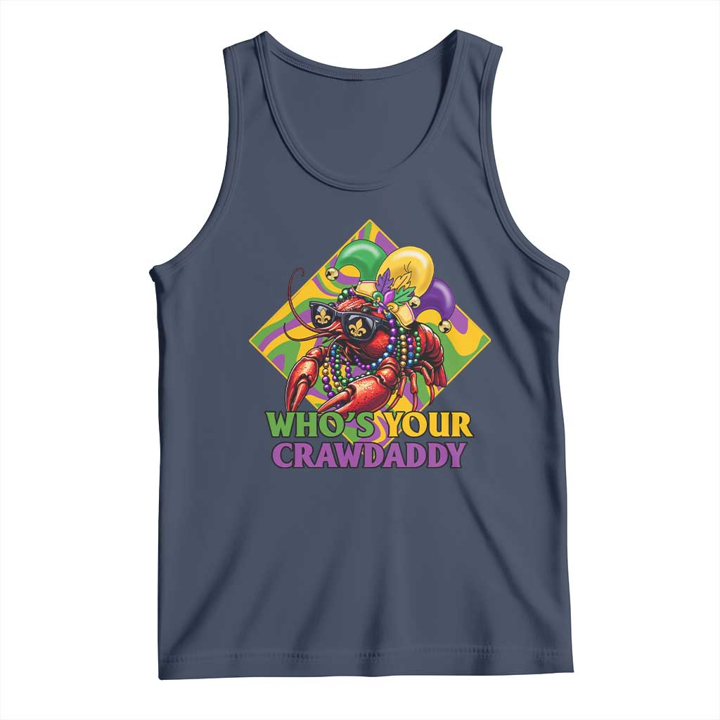 Navy tank top with colorful Mardi Gras crawfish graphic and 'Who's your crawdaddy' text