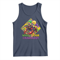 Navy tank top with colorful Mardi Gras crawfish graphic and 'Who's your crawdaddy' text